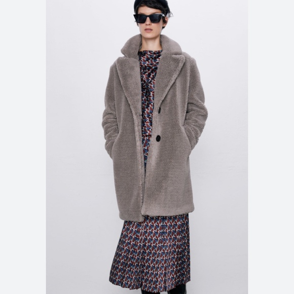 Zara Fleece Teddy Bear faux fur knee-length coat jacket gray women's medium - Picture 2 of 8